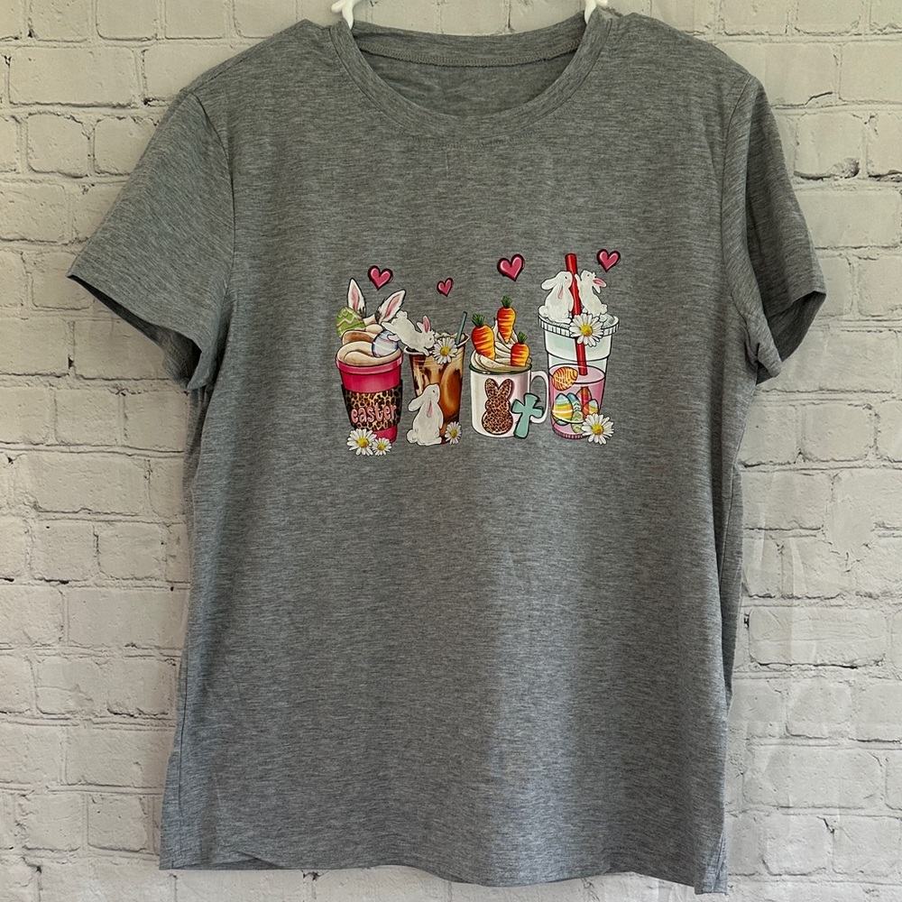 NWT Gray Bunny & Beverage Graphic Tee